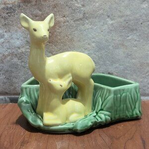 Vintage Shawnee USA Pottery Deer Doe And Baby Fawn Green Ceramic Planter Vase 66